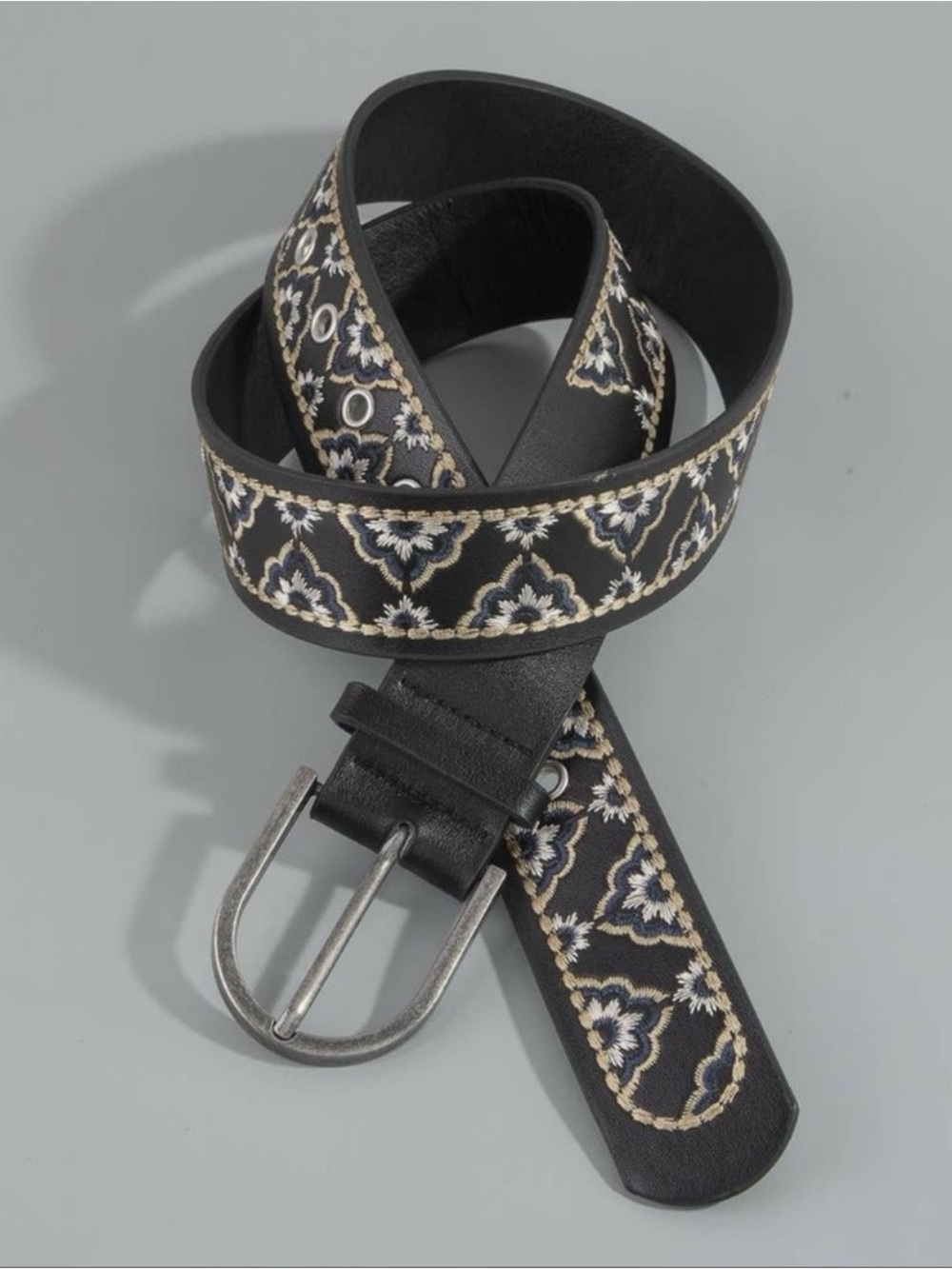 Embroidered Black Floral Vegan Leather Belt